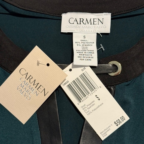 Carmen Marc Valvo Olive Green Top Long Sleeve V Neck Faux Leather Trim Small NWT - Picture 4 of 7